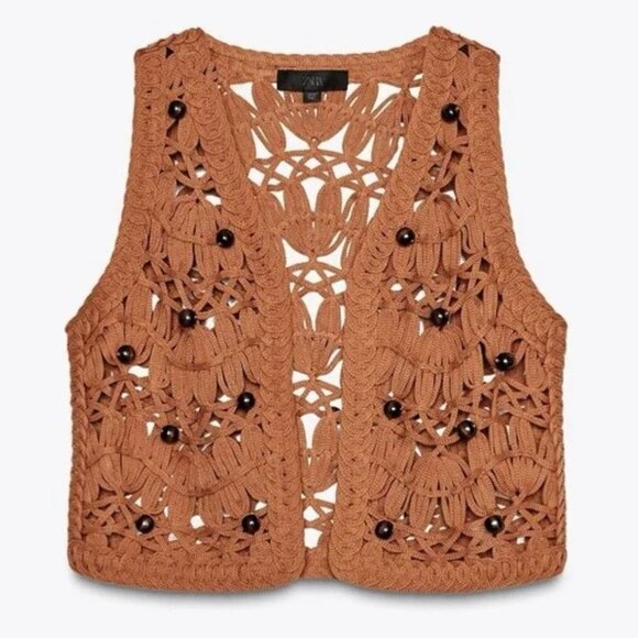 [🌟 PRICE FIRM] 🌞 ZARA Beaded Knit Vest Macrame Terracotta Rust Crochet L - Picture 1 of 13